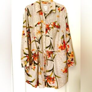 Chicos Extra Large Tropical tie waist shirt dress XL Floral camp shirt cover up